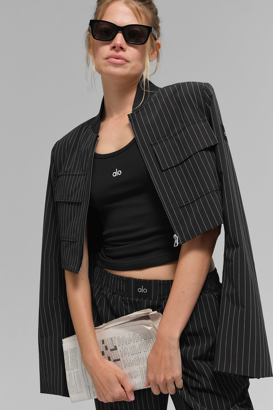 Cropped fine-striped full-zip jacket