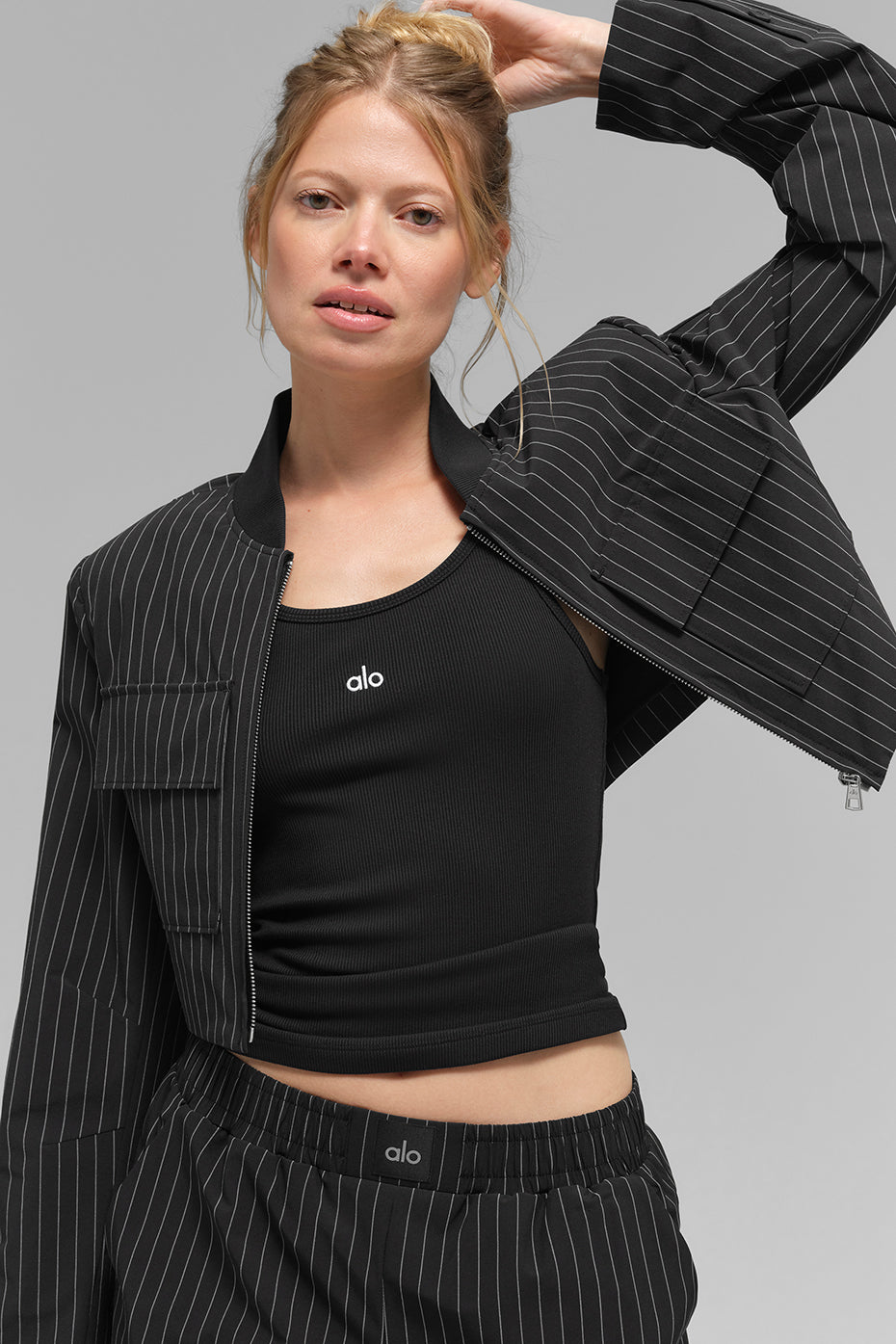 Cropped fine-striped full-zip jacket