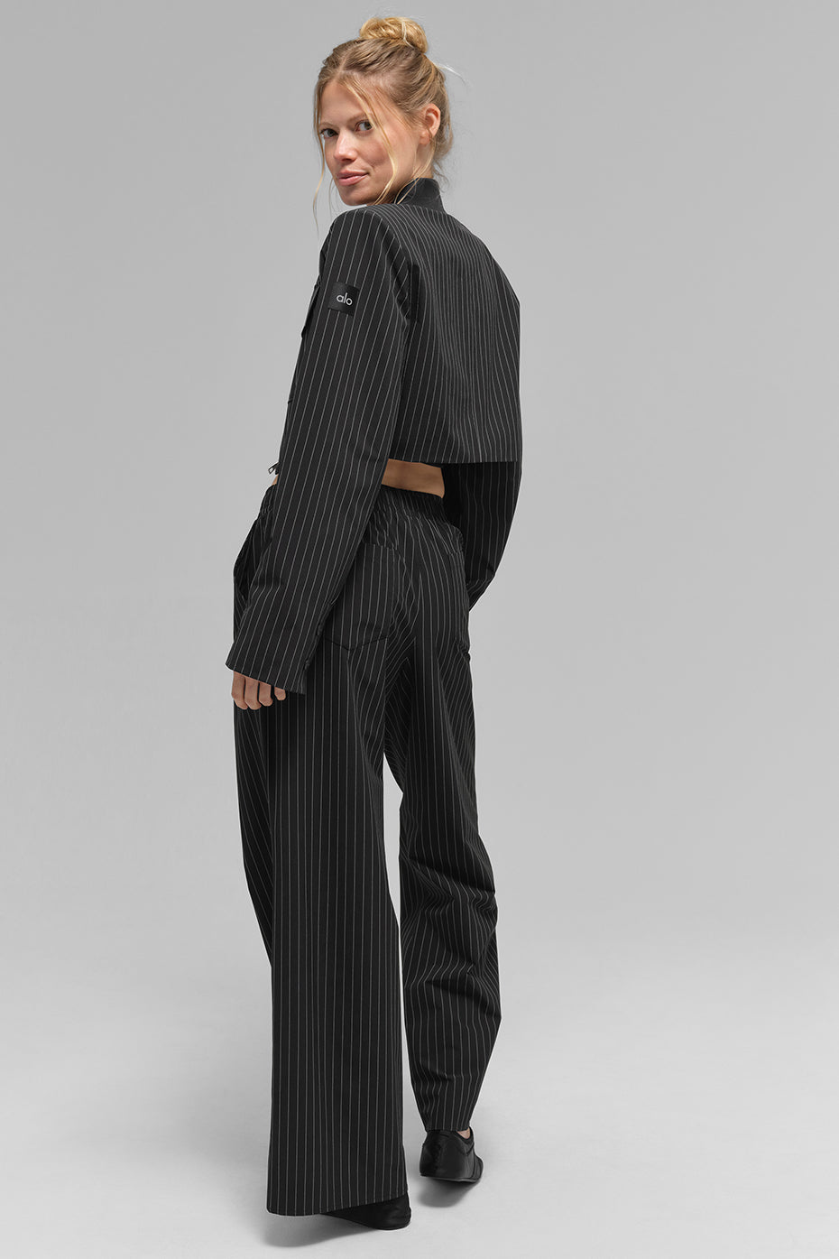 Cropped fine-striped full-zip jacket