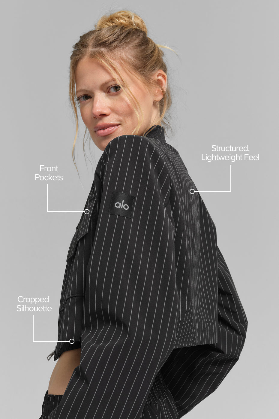 Cropped fine-striped full-zip jacket