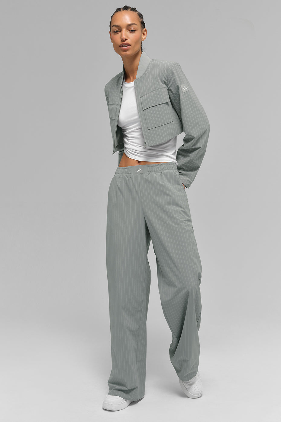 Cropped fine-striped full-zip jacket