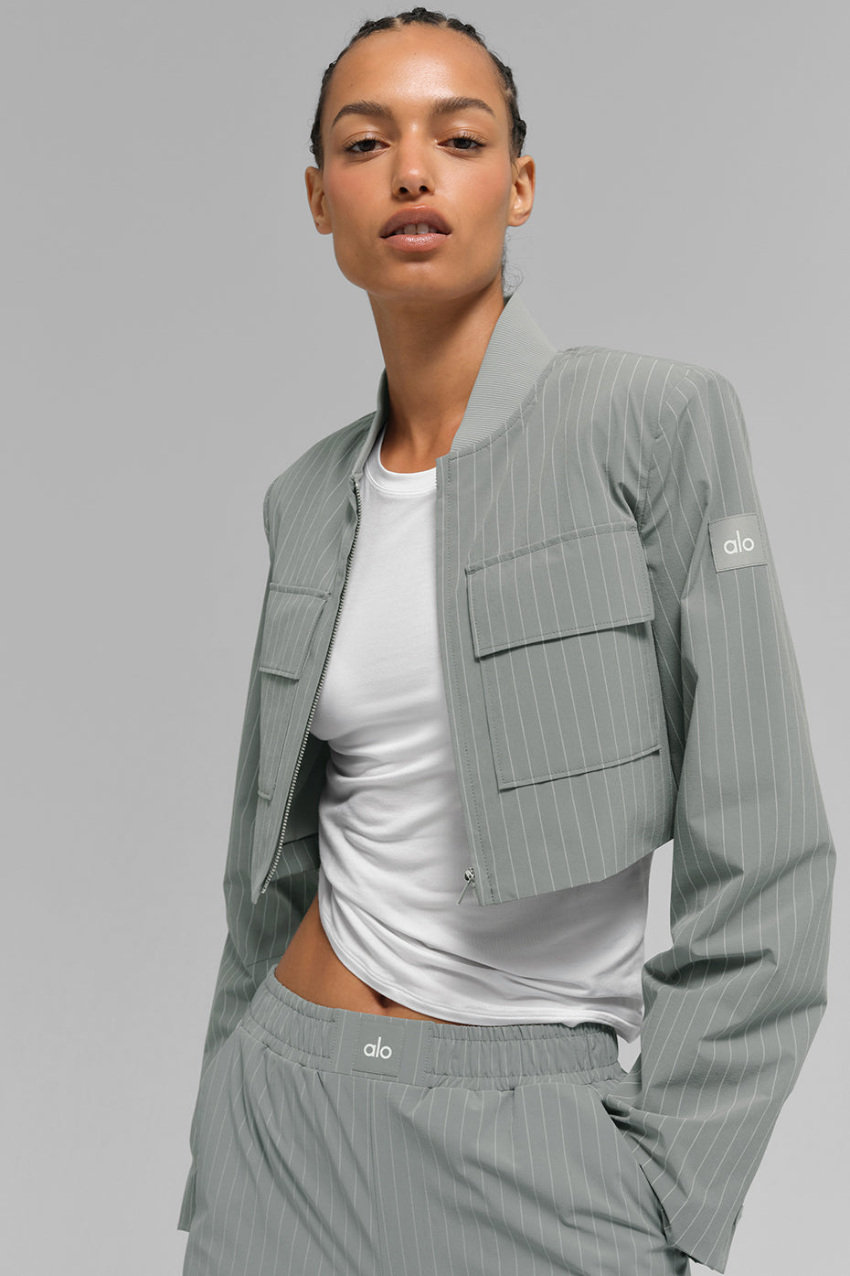Cropped fine-striped full-zip jacket