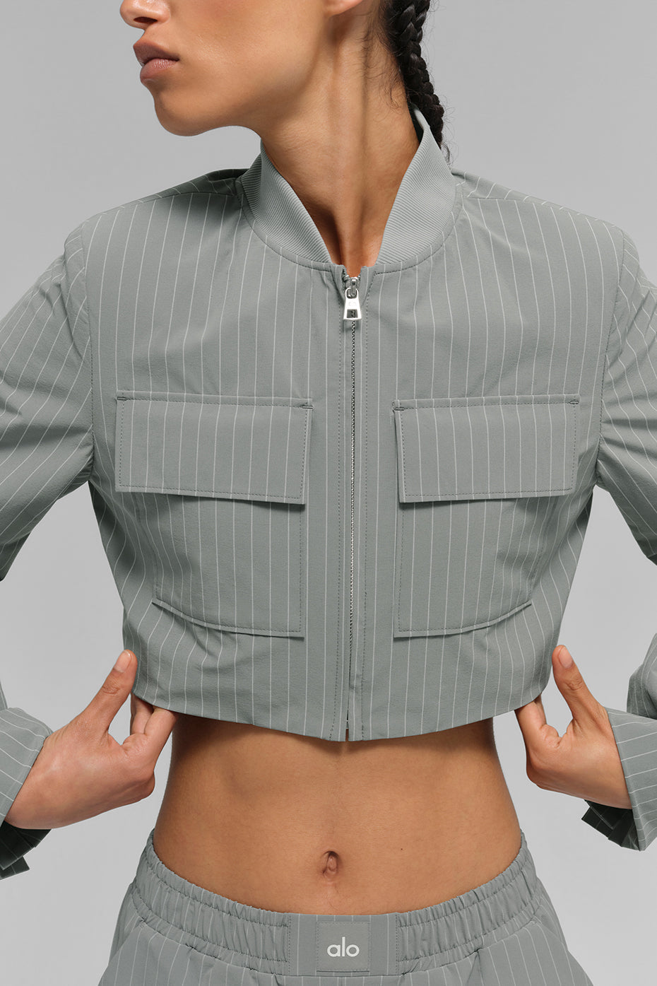 Cropped fine-striped full-zip jacket