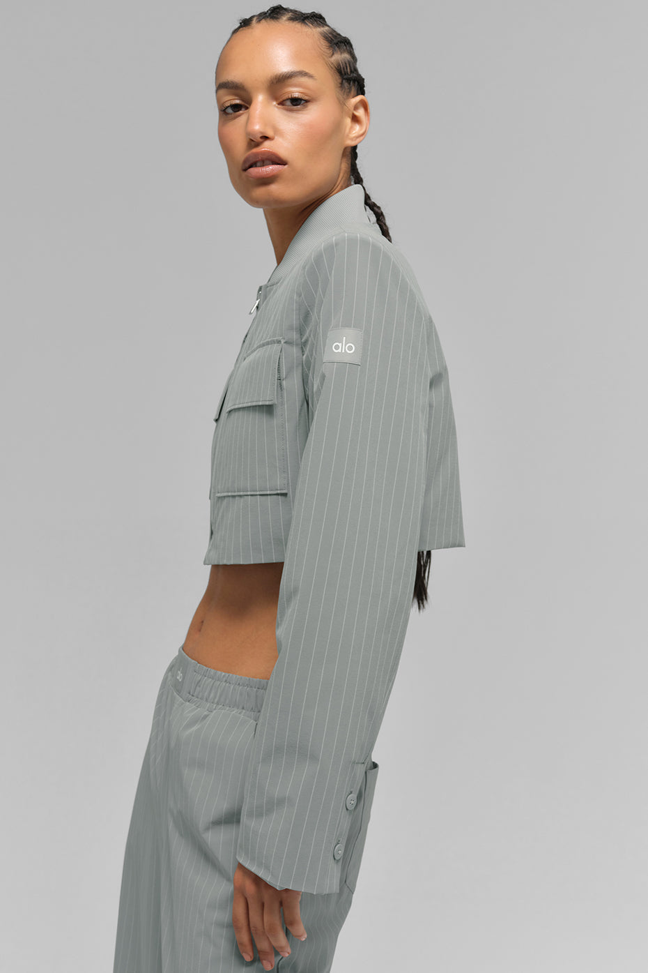 Cropped fine-striped full-zip jacket