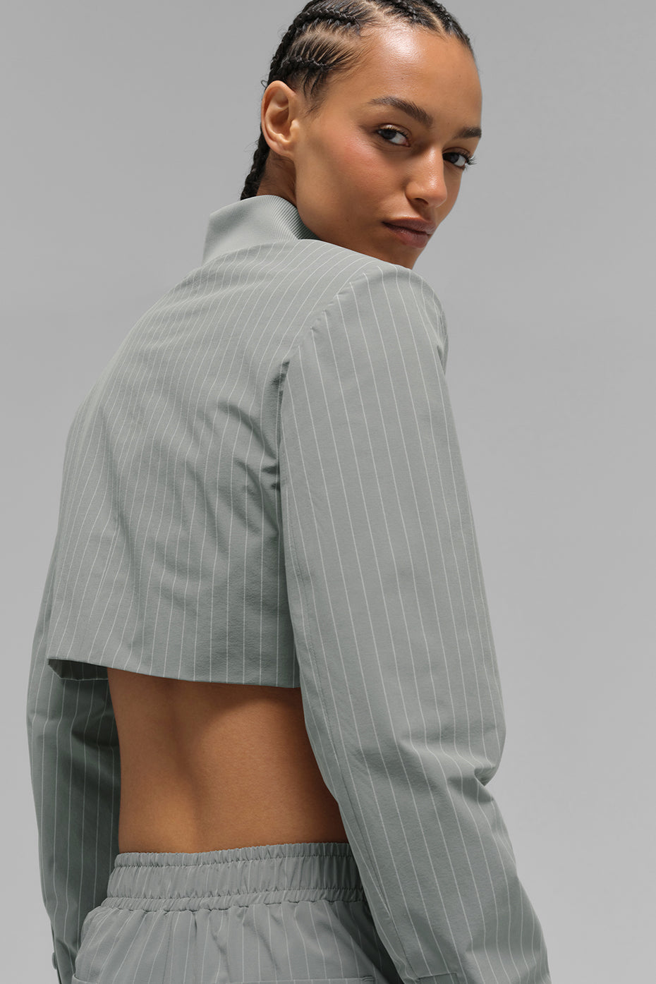 Cropped fine-striped full-zip jacket